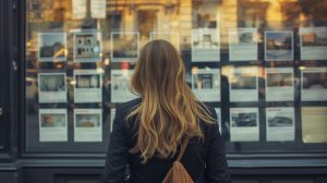 Femme de dos devant une vitrine d'agence immobilière.